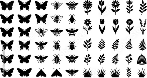 garden pollinators outline set. Line outline icon set of garden pollinators outline set: butterfly, bee,
