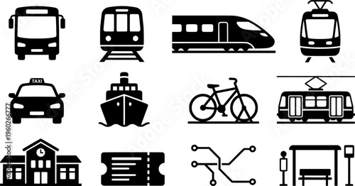 Public transport icons. Line outline icon set of Public transport icons: bus, subway, train, tram, taxi, ferry
