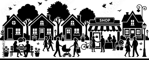 Blooming Community Block. A lively neighborhood corner with pastel houses, a small corner shop, and flowering
