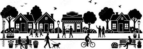 Blooming Community Block. A lively neighborhood corner with pastel houses, a small corner shop, and flowering
