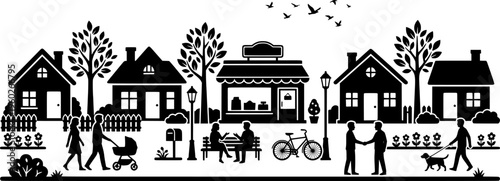 Blooming Community Block. A lively neighborhood corner with pastel houses, a small corner shop, and flowering
