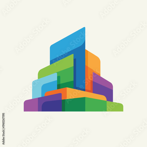 This image features a vibrant architectural design of stacked geometric shapes in various colors, symbolizing creativity and modernity in visual expression.
