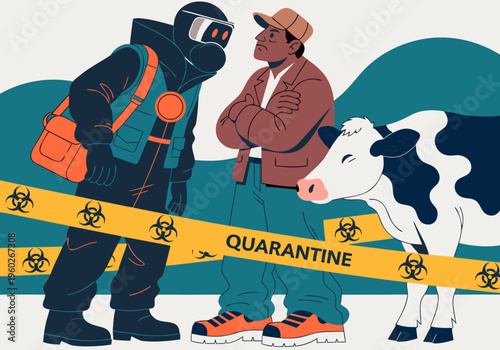 Close up flat vector illustration of a tense confrontation between a man in protective gear and a farmer near a quarantined cow with biohazard tape FMD Foot-and-Mouth Disease