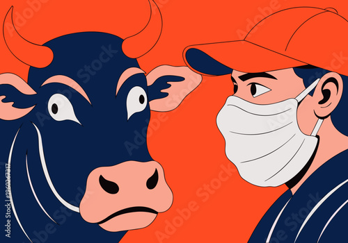 Close up composition of a cow face suspected of being infected with Foot-and-Mouth Disease facing a worker wearing a mask and orange cap, with a vibrant orange background, strong emotional tension
