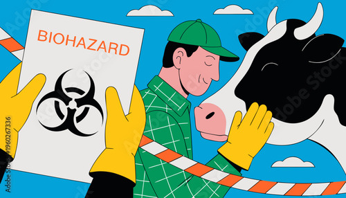 Close up split composition showing gloved hands holding a biohazard sign while a farmer in a green checkered shirt interacts sadly saying goodbye with a black and white cow against a blue sky