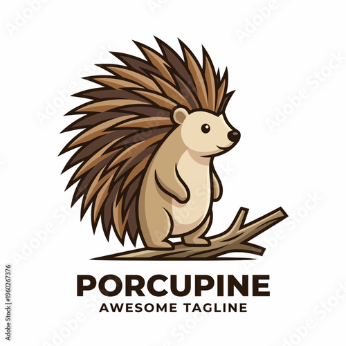 An adorable porcupine depicted with a cheerful demeanor. This illustration showcases its distinctive quills and playful posture on a tree branch, perfect for nature themes.