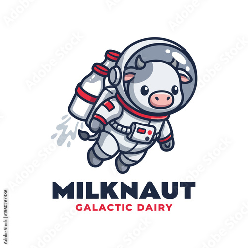 An adorable astronaut cow design, featuring a playful concept that combines space exploration with dairy products, perfect for a galactic dairy branding initiative.