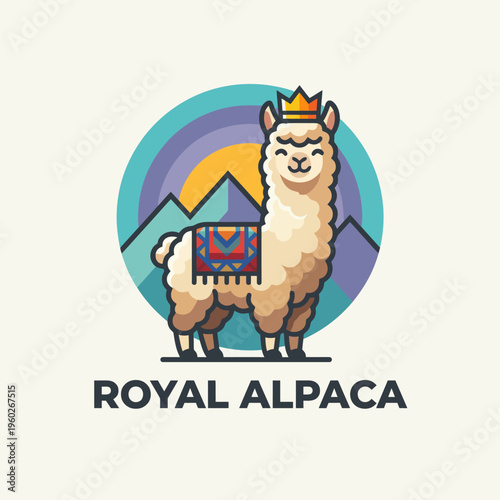 This charming image features a royal alpaca adorned with a crown, capturing a playful essence through vibrant colors and playful design against a backdrop of mountains.
