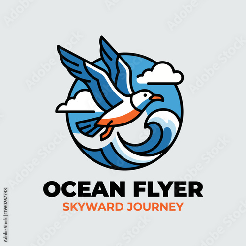 A vibrant seagull captured mid-flight above ocean waves, symbolizing freedom and adventure. This illustration brings an energetic spirit to coastal-themed projects.