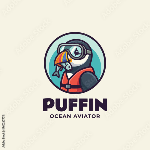 A colorful puffin wearing aviator goggles and a life vest, proudly showcasing its fish catch, symbolizing adventure and ocean exploration in a whimsical style.