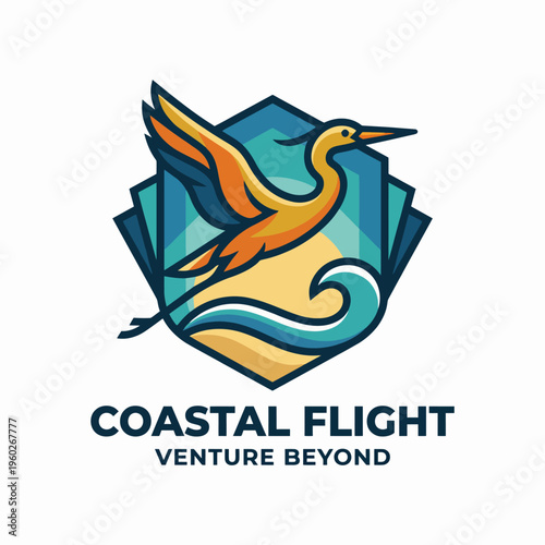 A dynamic illustration of a heron soaring over stylized waves, embodying the thrill of coastal flight and the unity of nature and air travel in a vibrant design.