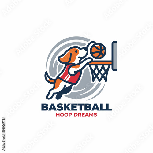 A cute dog character dunking a basketball, encapsulating fun and ambition, ideal for sports marketing, pet products, or children’s brands.