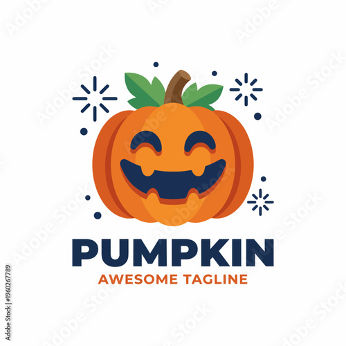 A cheerful pumpkin illustration featuring a smiling face, embodying the playful spirit of Halloween with festive decorations and a joyful atmosphere in a colorful design.