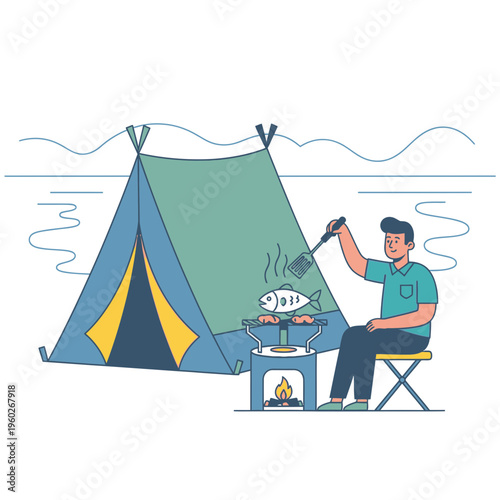 Enjoying Outdoor Barbecue With Tent Camping Adventure