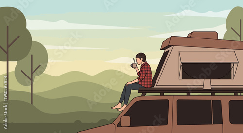 Enjoying Peaceful Morning Coffee atop Rooftop Tent