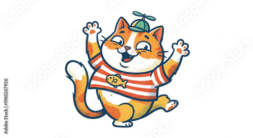 Funny Ginger Cat Character in Striped T-Shirt, Textured Vector Illustration Isolated on White