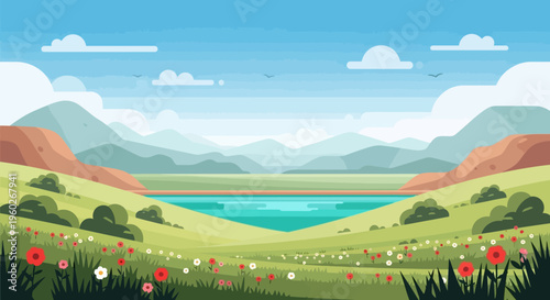 Vibrant Pixel Art Landscape: Rolling Hills, Turquoise Lake, Mountains, and Wildflowers