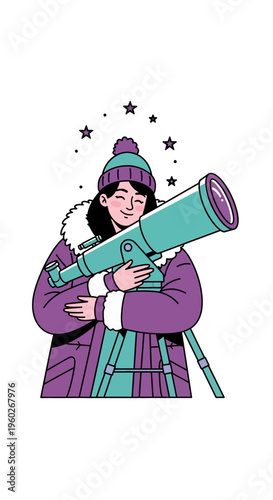 Enthusiastic Astronomer Gazing Through Telescope Under Starry Sky