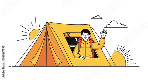 Enthusiastic Camper Waving Hello From Bright Yellow Tent Outdoors