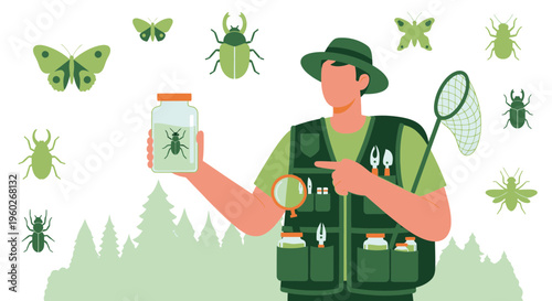 Entomologist Demonstrating Insect Collection and Study with Net and Magnifying Glass