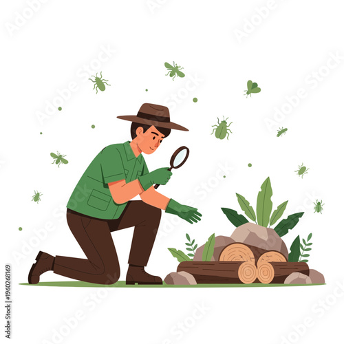 Entomologist Studying Insects In Natural Habitat With Magnifying Glass