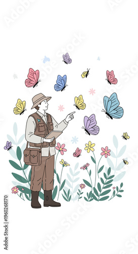 Entomologist Observing Delicate Butterflies in a Vibrant Wildflower Meadow