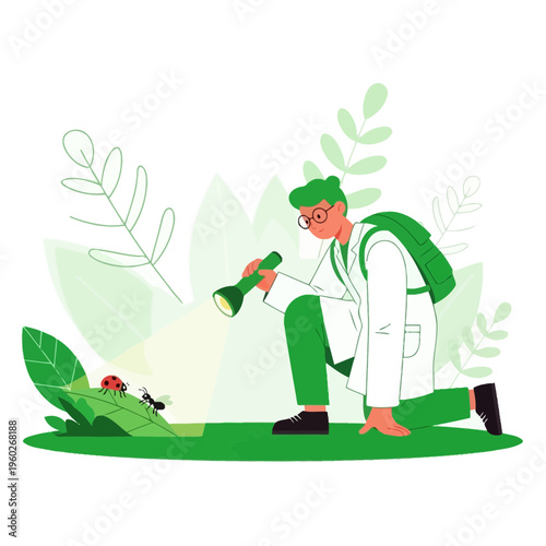 Entomologist Researcher Studying Insects In Nature With Flashlight