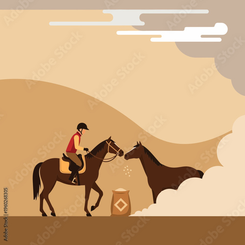 Equestrian Rider Feeds Horse Grain From Sacks in Dusty Paddock