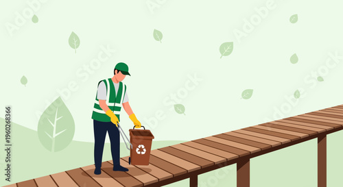 Environmental Sanitation Worker Cleaning Outdoor Boardwalk Nature Preserve