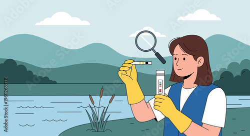 Environmental Scientist Analyzes Water Quality Samples Near Serene Lake Landscape