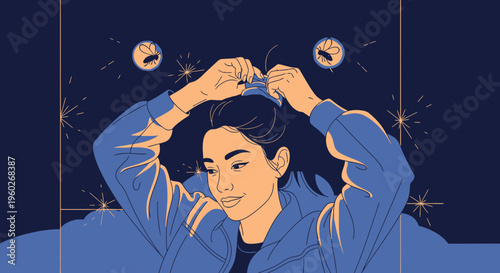 Evening Ritual A Woman Styles Her Hair Under A Starry Sky