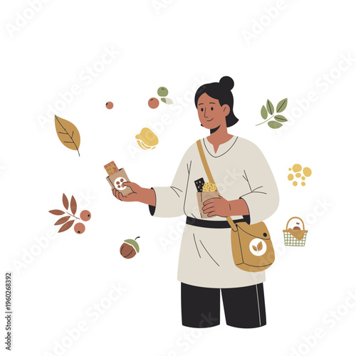 Ethical Shopper With Reusable Bags And Organic Products Displayed