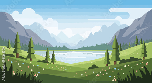 Vibrant Pixel Art Landscape: Serene Mountains, Lake, and Wildflowers in Bloom