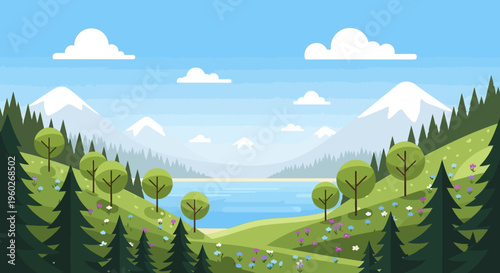 Vibrant Pixel Art Landscape: Serene Lake, Snow-Capped Mountains, Lush Forest, and Blooming Meadow