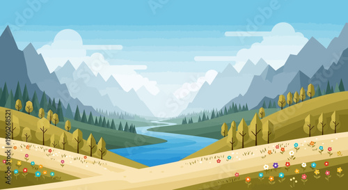 Vibrant Pixel Art Landscape: Serene River Valley with Rolling Hills and Wildflowers