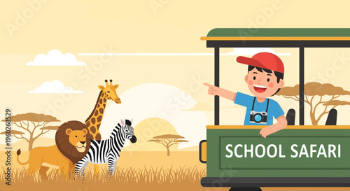Excited Child On School Safari Adventure Observing African Wildlife
