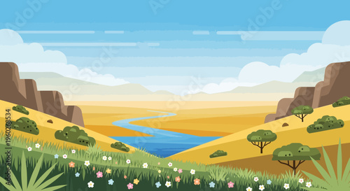 Vibrant Pixel Art Landscape: Serene River Valley with Rolling Hills and Wildflowers