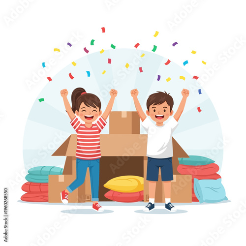 Excited Children Celebrate With Surprise Gifts Delivered In Cardboard Boxes