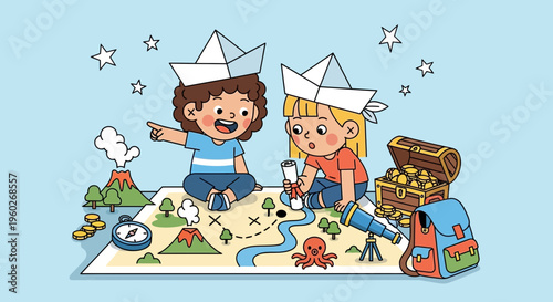 Excited Children Discover Treasure Map With Nautical Tools