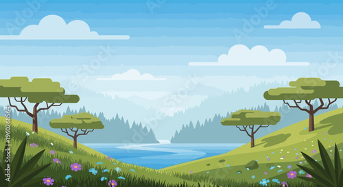 Vibrant Pixel Art Landscape: Serene River, Rolling Hills, and Lush Trees Under a Blue Sky