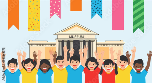 Excited Children Gather Outside Museum Ready for Learning and Fun Adventures