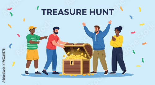 Excited Diverse Group Celebrates Finding Treasure Chest Full Of Gold Coins