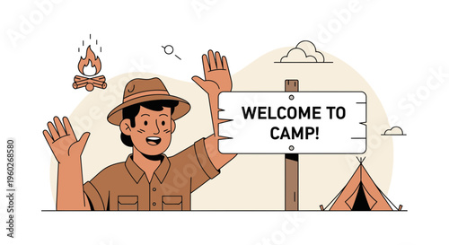 Excited Explorer Greets Campers With Welcome Sign And Campfire