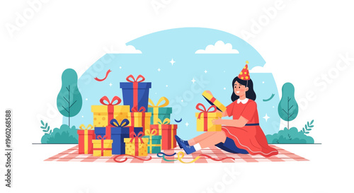 Excited Girl Unwrapping Presents On Picnic Blanket Birthday Celebration