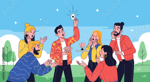 Excited Friends Gather For A Thrilling Card Game Outdoors