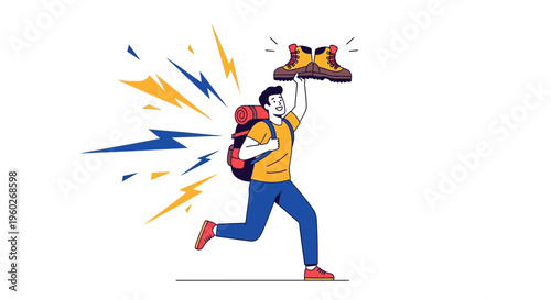 Excited Hiker Runs With Boots Held High Ready For Adventure