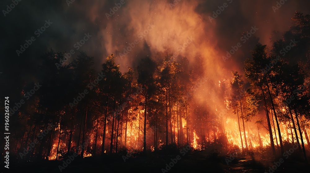 Fototapeta premium Intense forest fire engulfing trees and smoke.