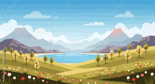Vibrant Pixel Art Landscape: Volcano, Lake, and Rolling Hills with Wildflowers