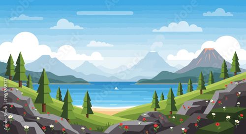 Vibrant Pixel Art Landscape: Volcano, Lake, Mountains, and Blooming Wildflowers