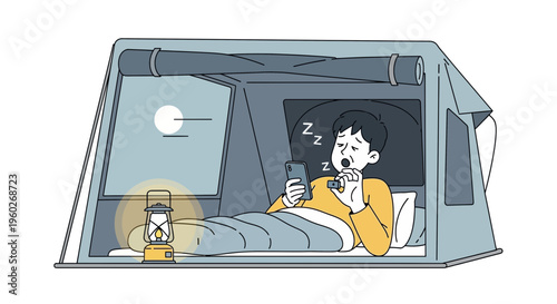 Exhausted Camper Yawning While Scrolling Phone In Tent At Night